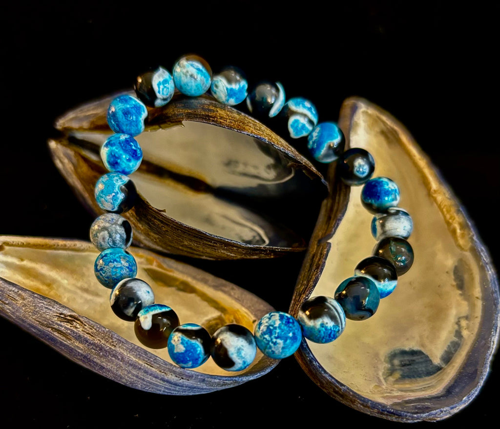 Reiki-Infused Blue Fire Agate Bracelet for Deep Calm, Emotional Balance & Throat Chakra Alignment (8mm)