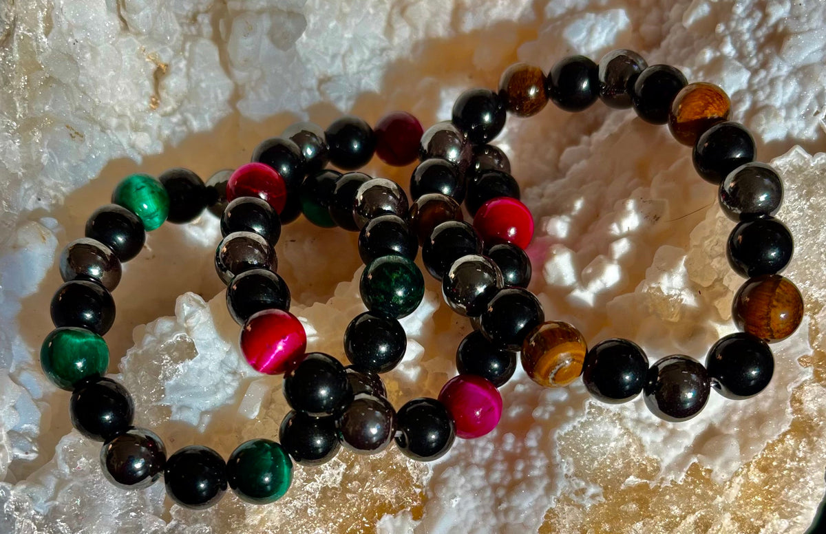 Protection Energy Bracelet | Black Obsidian, Hematite & Tiger's Eye Crystal Bracelet | Reiki-Infused Healing Jewelry