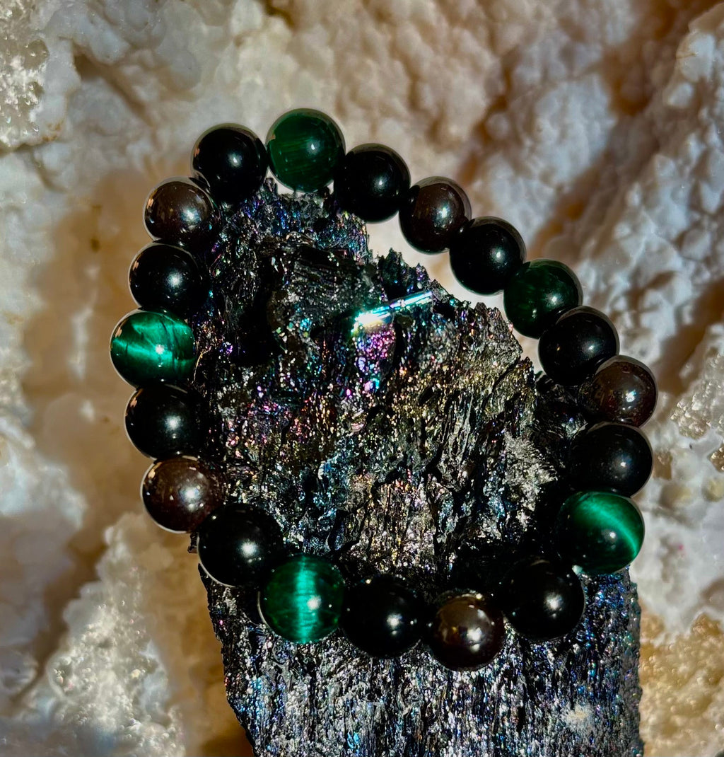 Protection Energy Bracelet | Black Obsidian, Hematite & Tiger's Eye Crystal Bracelet | Reiki-Infused Healing Jewelry
