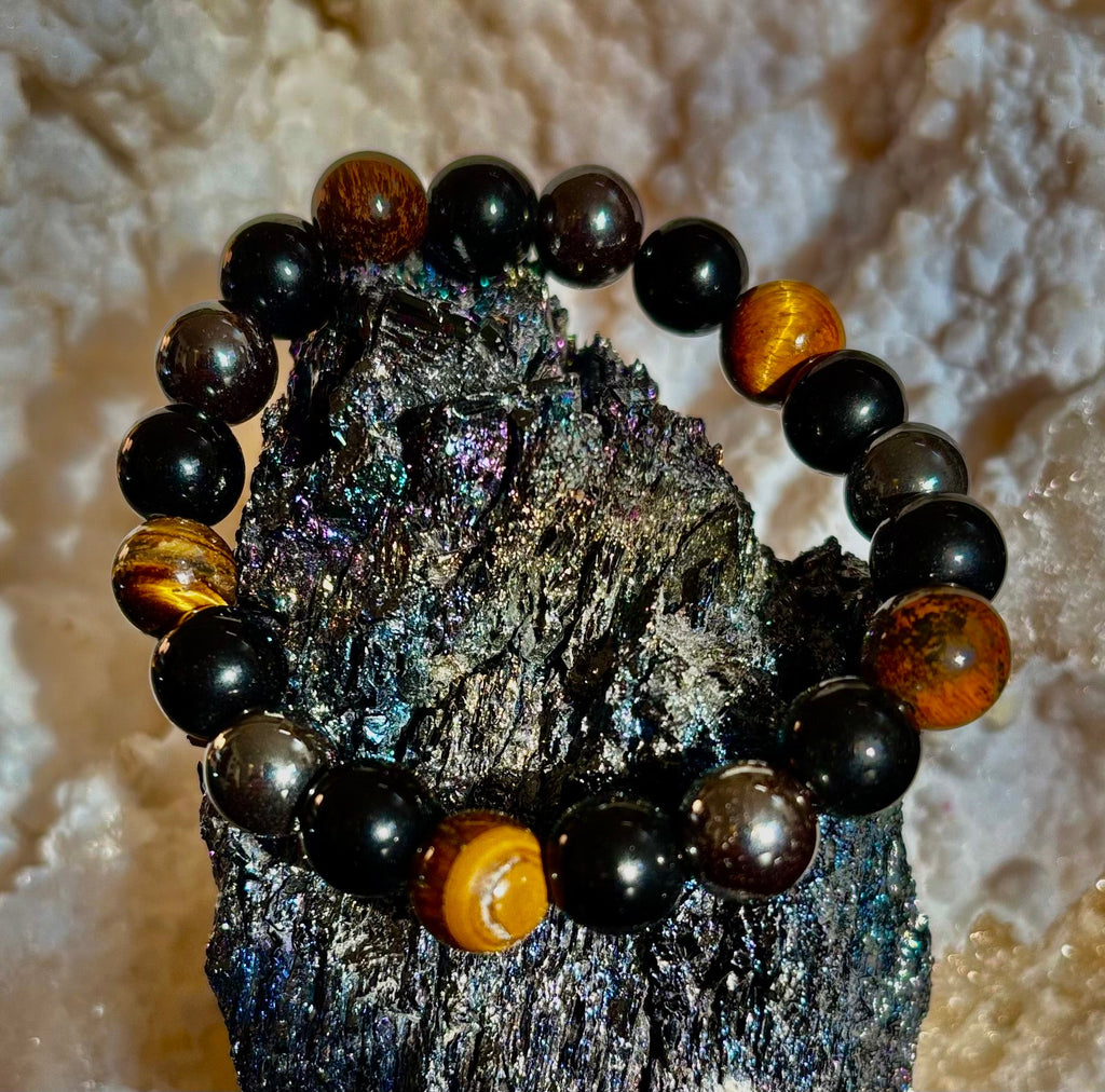 Protection Energy Bracelet | Black Obsidian, Hematite & Tiger's Eye Crystal Bracelet | Reiki-Infused Healing Jewelry