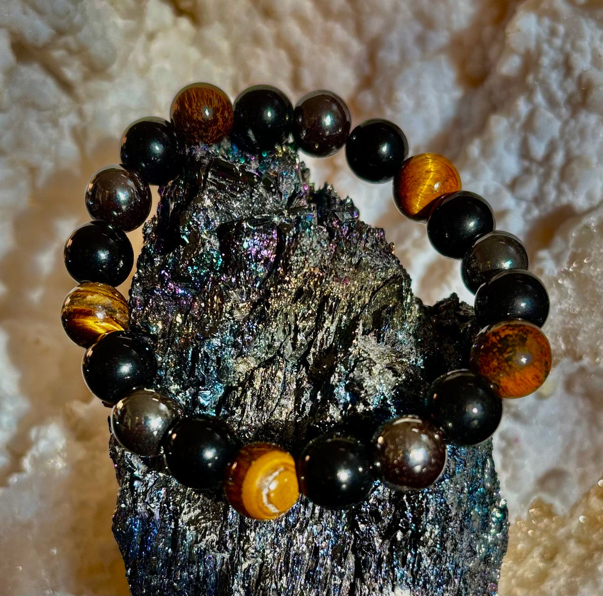 Protection Energy Bracelet | Black Obsidian, Hematite & Tiger's Eye Crystal Bracelet | Reiki-Infused Healing Jewelry