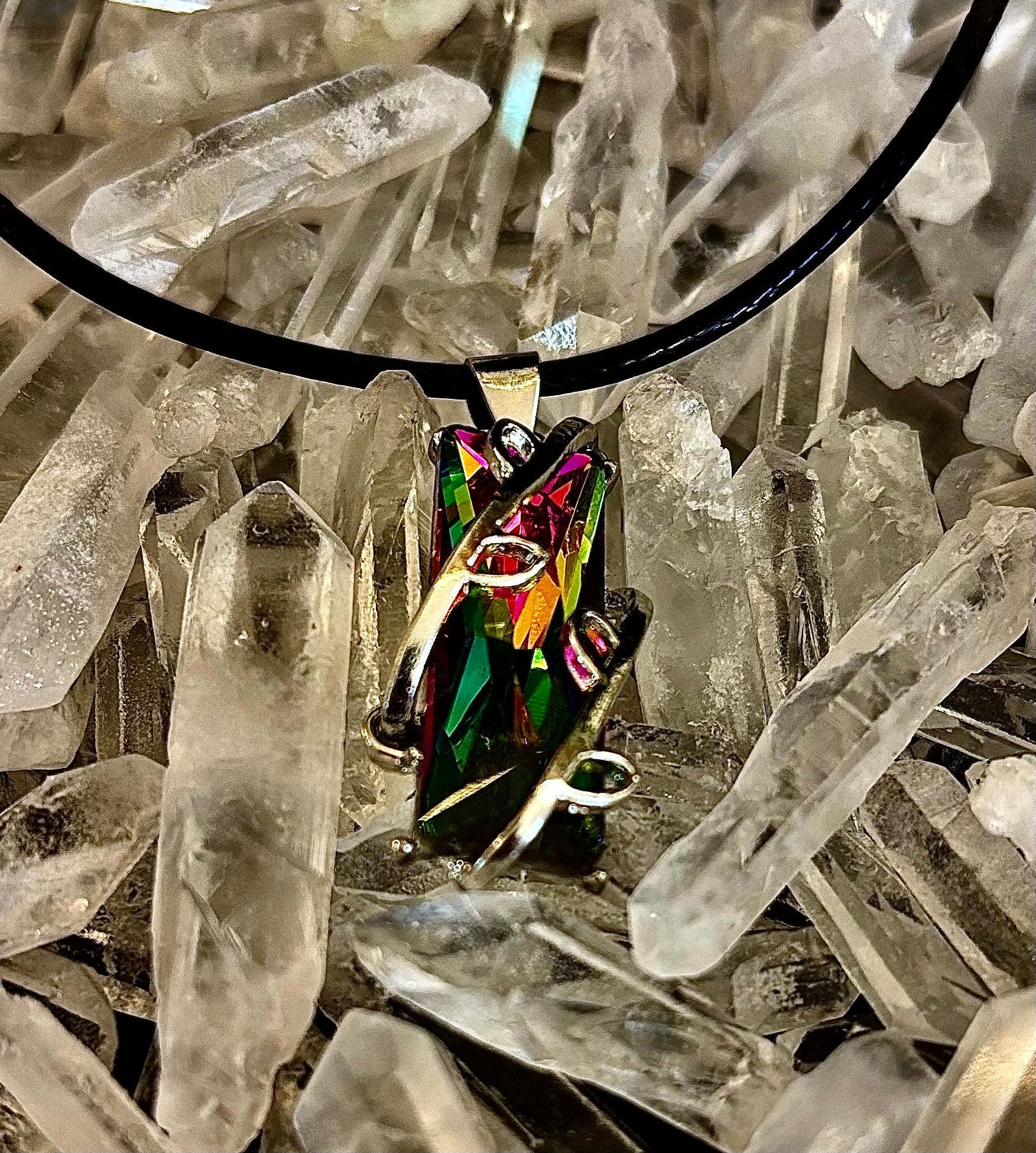 Prismatic Energy Pendant Necklace | Colorful Crystal Branch Design on Leather Cord