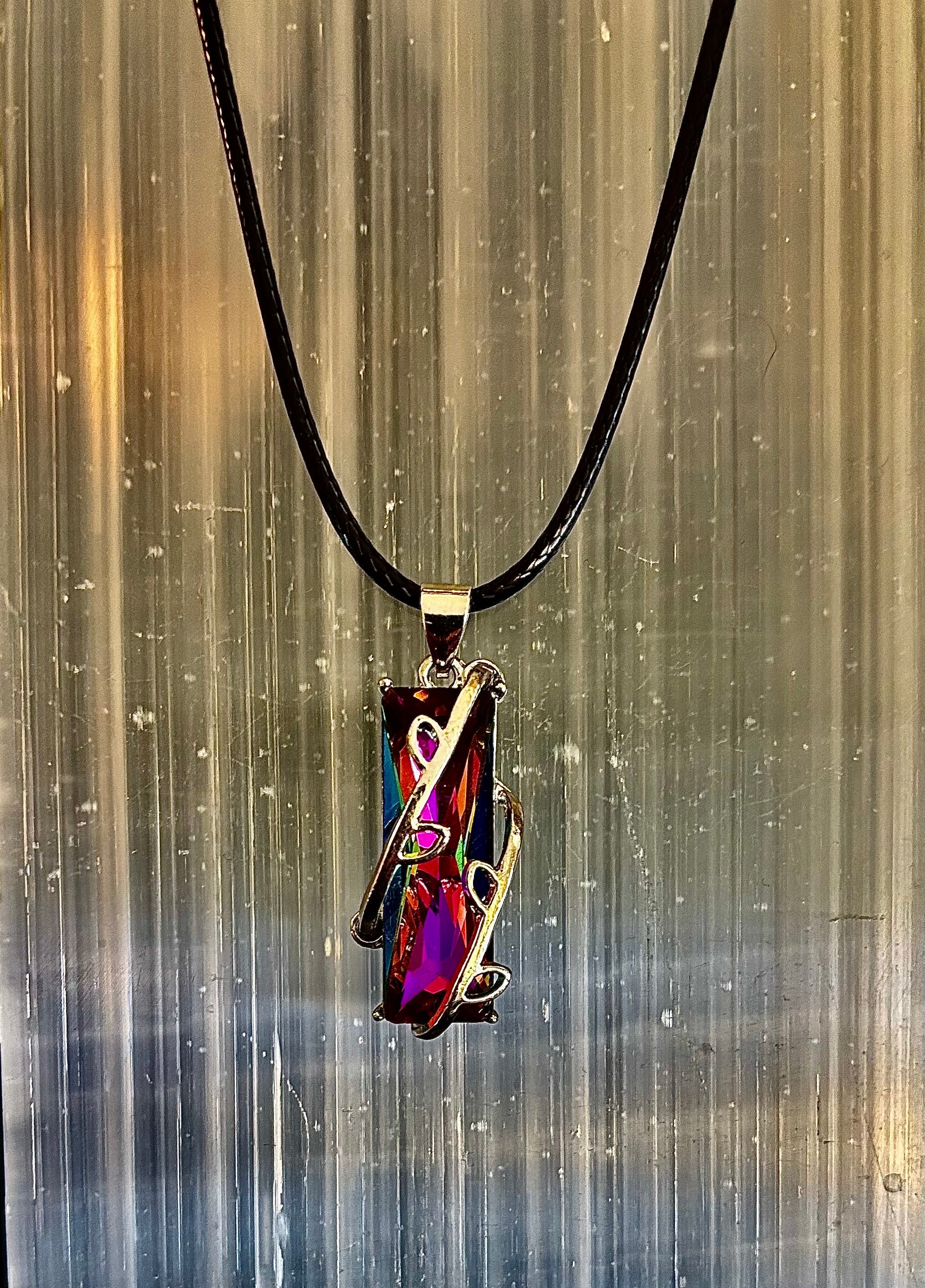 Prismatic Energy Pendant Necklace | Colorful Crystal Branch Design on Leather Cord