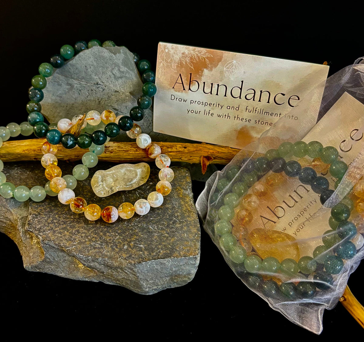 Intentions Bracelet Set with a crystal – Abundance (Citrine, Green Aventurine & Moss Agate)