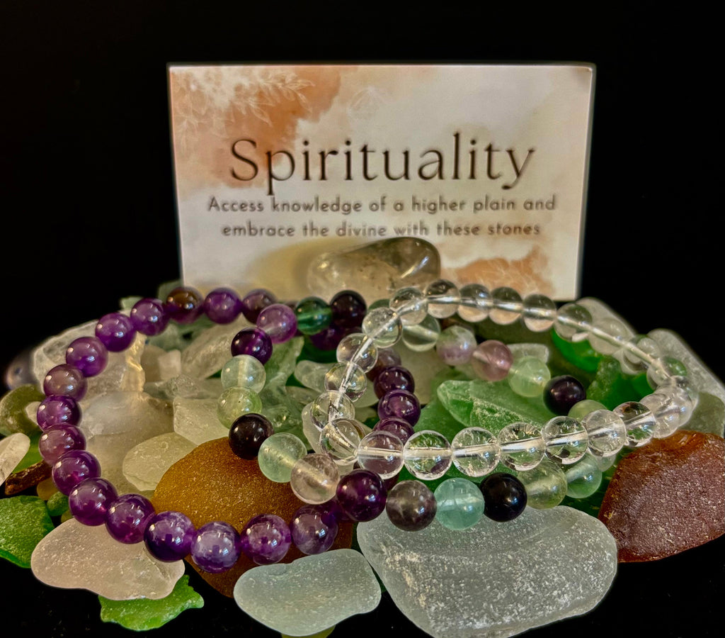 Intentions Bracelet Set with a crystal – Spirituality (Clear Quartz, Amethyst & Fluorite)