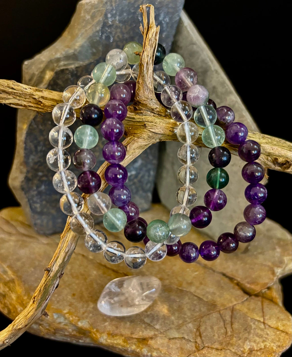 Intentions Bracelet Set with a crystal – Spirituality (Clear Quartz, Amethyst & Fluorite)