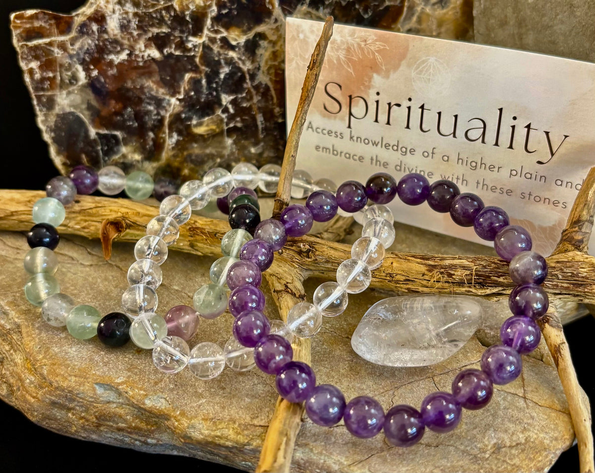 Intentions Bracelet Set with a crystal – Spirituality (Clear Quartz, Amethyst & Fluorite)