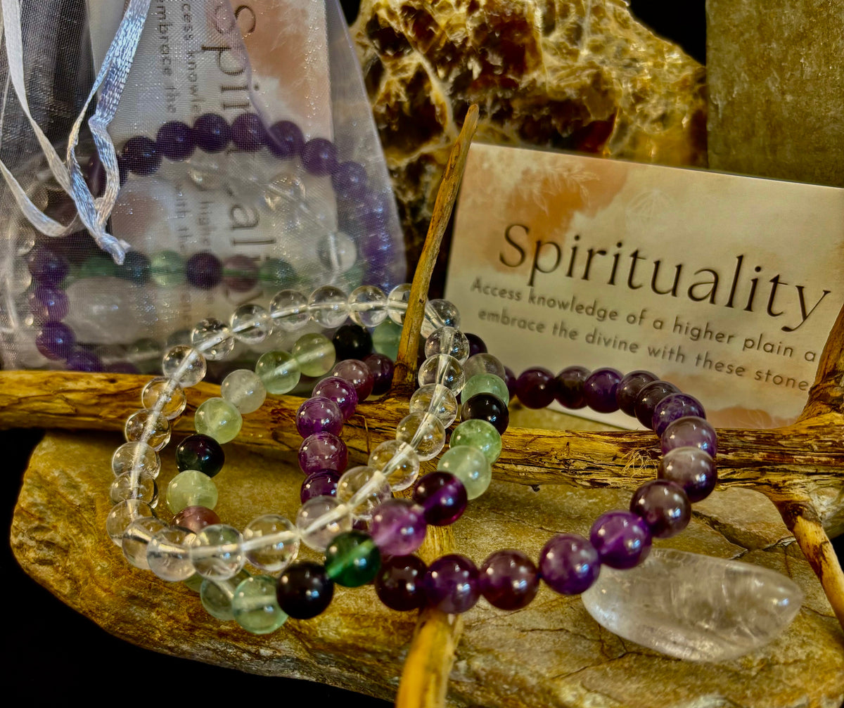 Intentions Bracelet Set with a crystal – Spirituality (Clear Quartz, Amethyst & Fluorite)