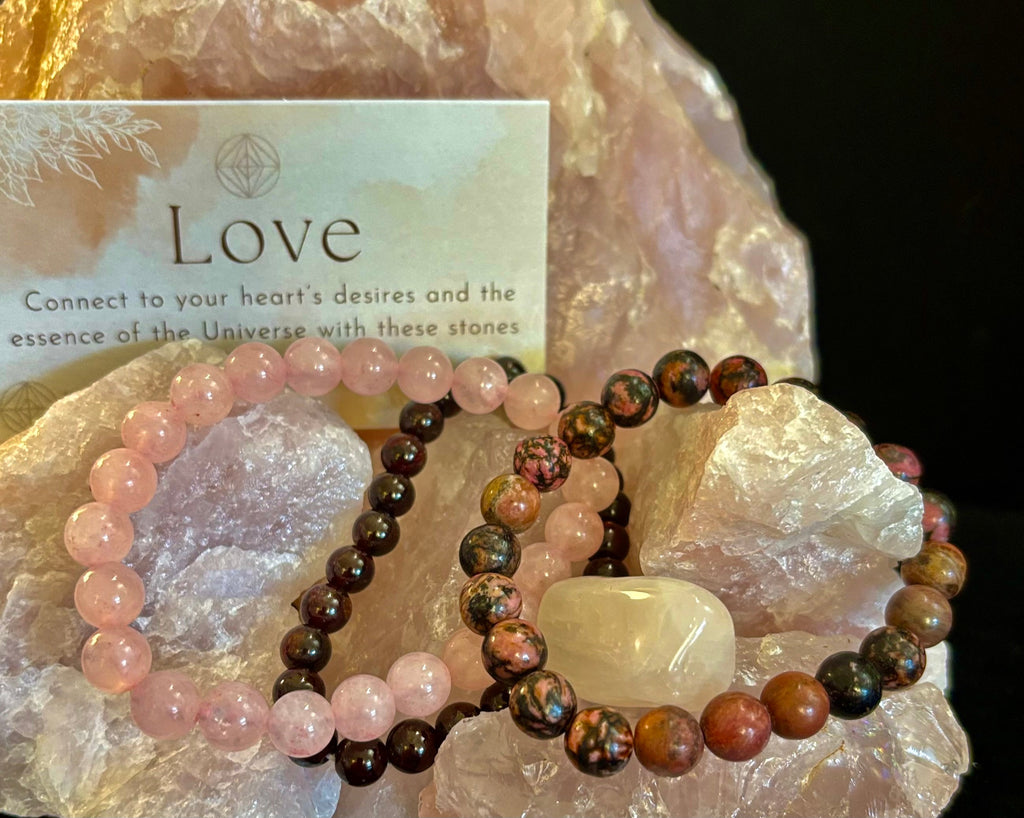 Intentions Bracelet Set with a Crystal – Love (Rose Quartz, Rhodonite & Garnet)