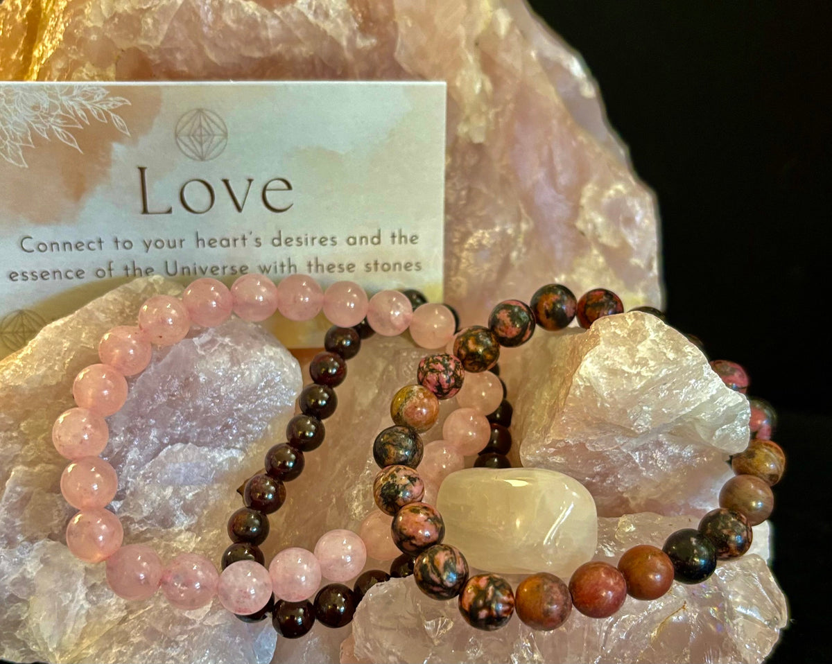 Intentions Bracelet Set with a Crystal – Love (Rose Quartz, Rhodonite & Garnet)