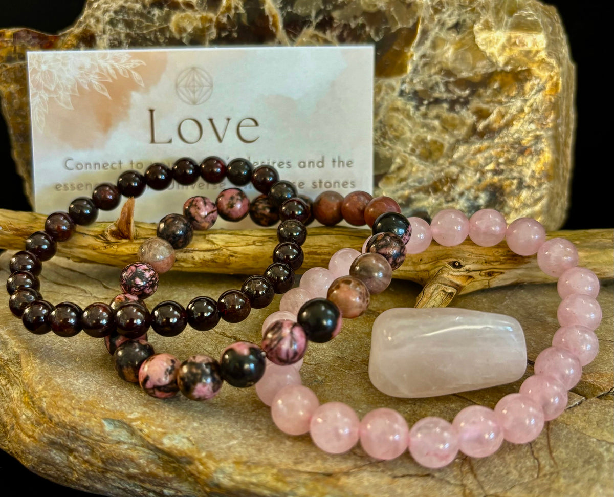 Intentions Bracelet Set with a Crystal – Love (Rose Quartz, Rhodonite & Garnet)