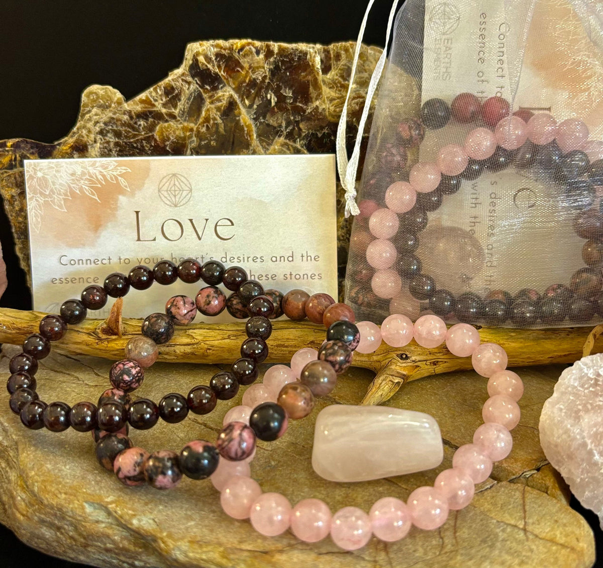 Intentions Bracelet Set with a Crystal – Love (Rose Quartz, Rhodonite & Garnet)