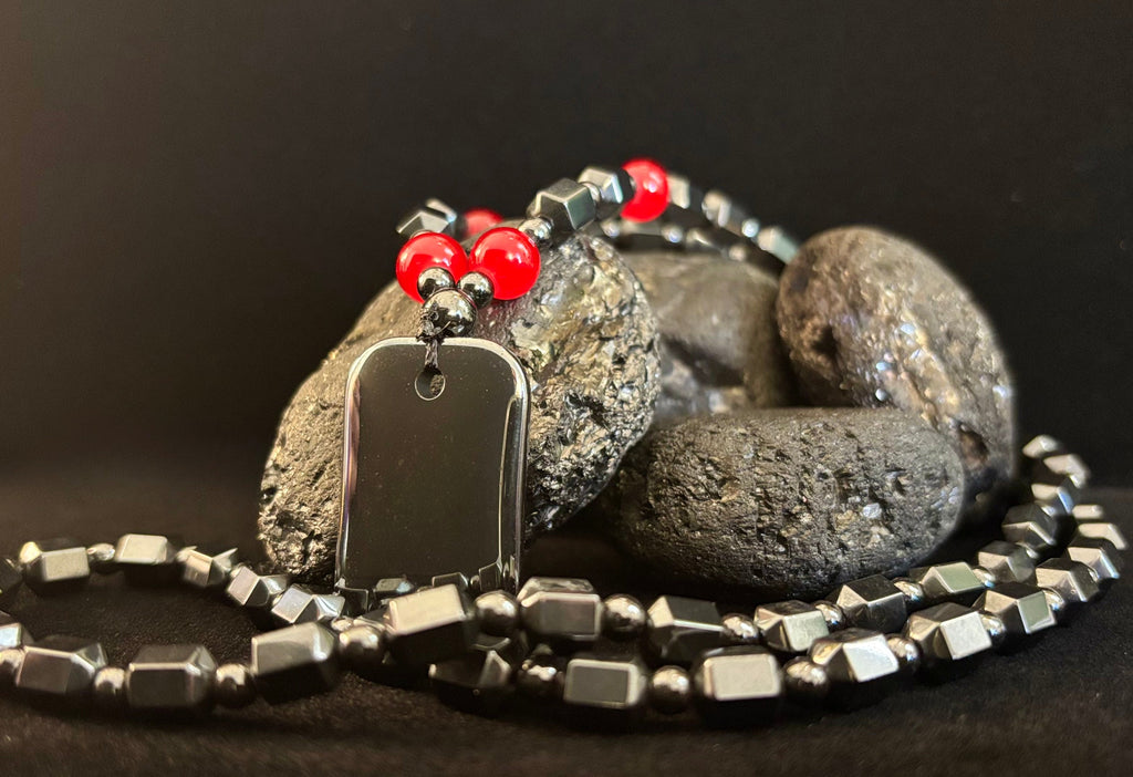 Hero Shield Magnetic Hematite Necklace – Red Power Beads - Dog Tag Pendant