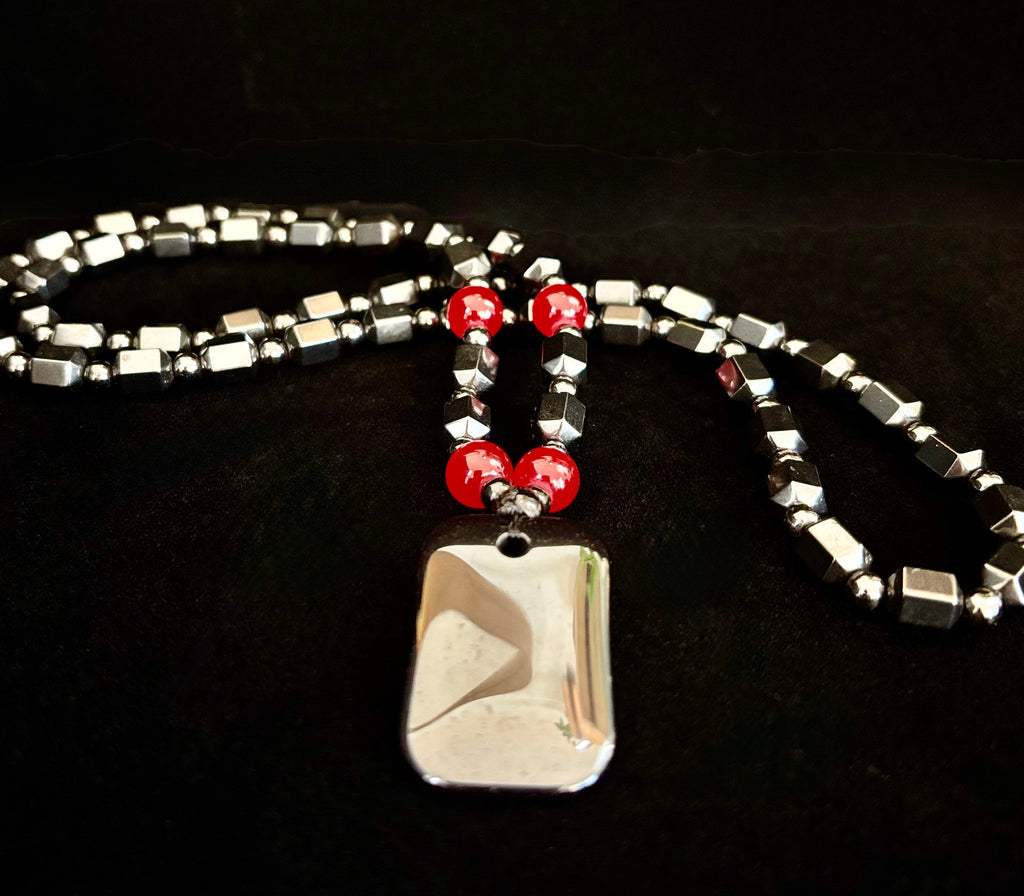 Hero Shield Magnetic Hematite Necklace – Red Power Beads - Dog Tag Pendant