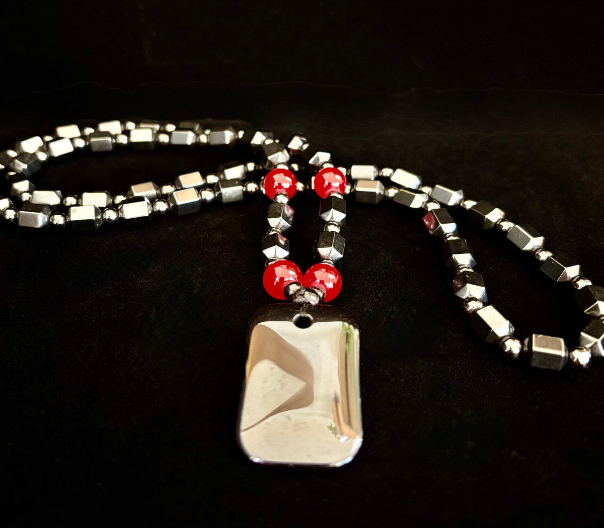 Hero Shield Magnetic Hematite Necklace – Red Power Beads - Dog Tag Pendant