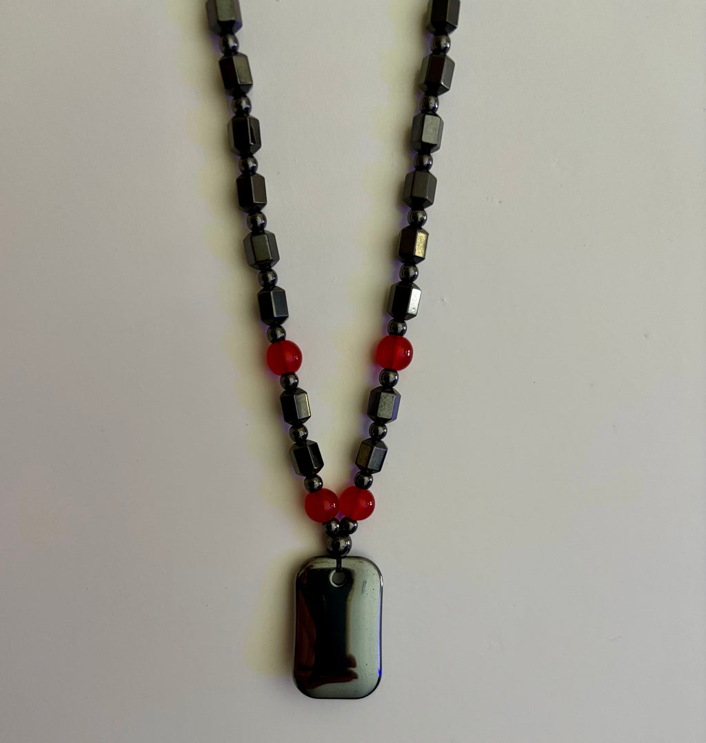 Hero Shield Magnetic Hematite Necklace – Red Power Beads - Dog Tag Pendant