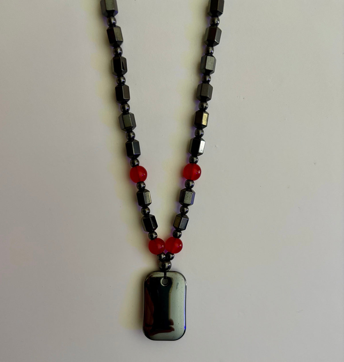 Hero Shield Magnetic Hematite Necklace – Red Power Beads - Dog Tag Pendant