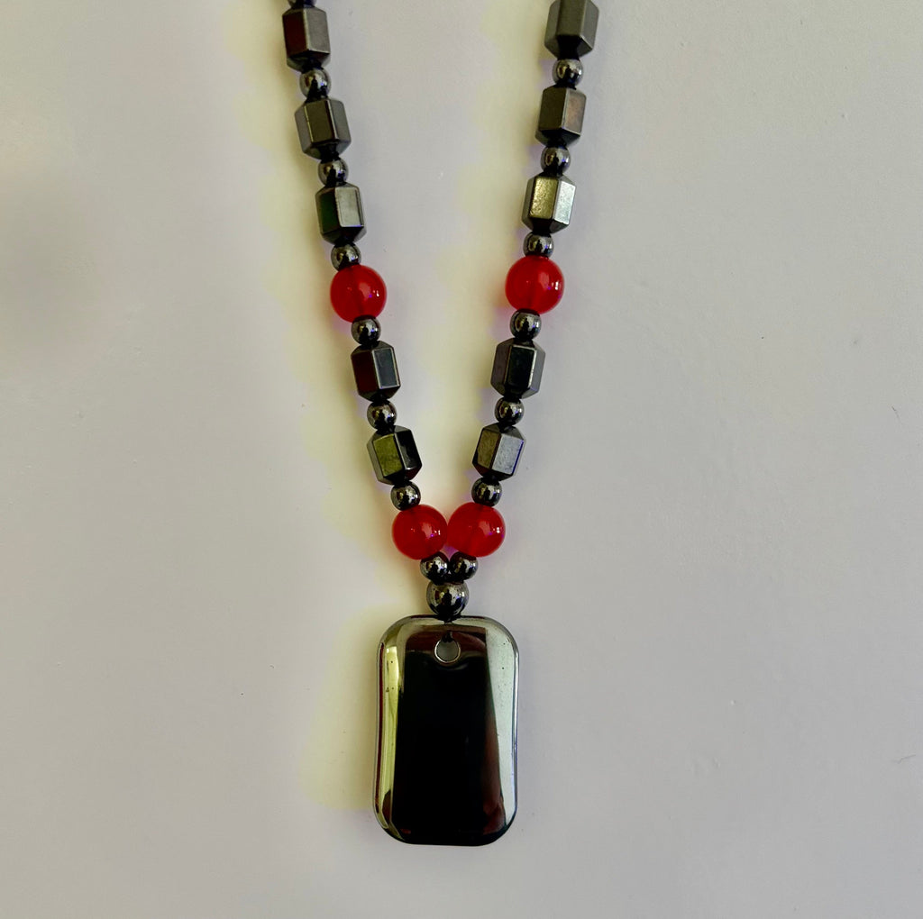 Hero Shield Magnetic Hematite Necklace – Red Power Beads - Dog Tag Pendant