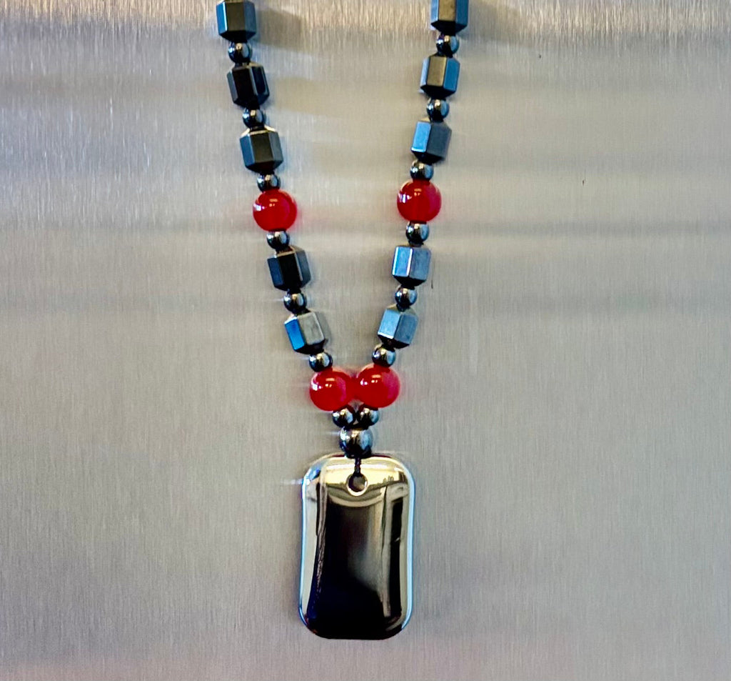 Hero Shield Magnetic Hematite Necklace – Red Power Beads - Dog Tag Pendant
