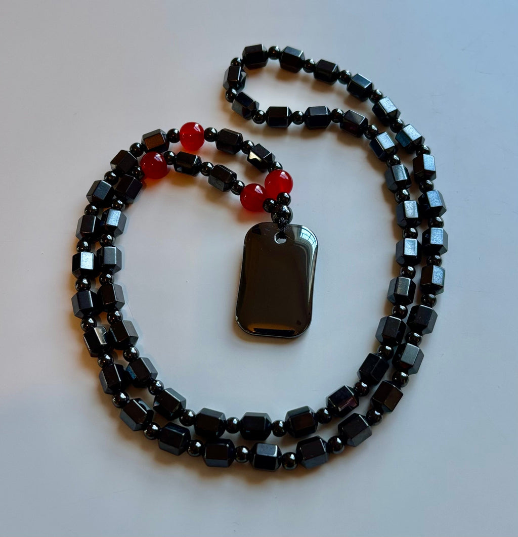 Hero Shield Magnetic Hematite Necklace – Red Power Beads - Dog Tag Pendant