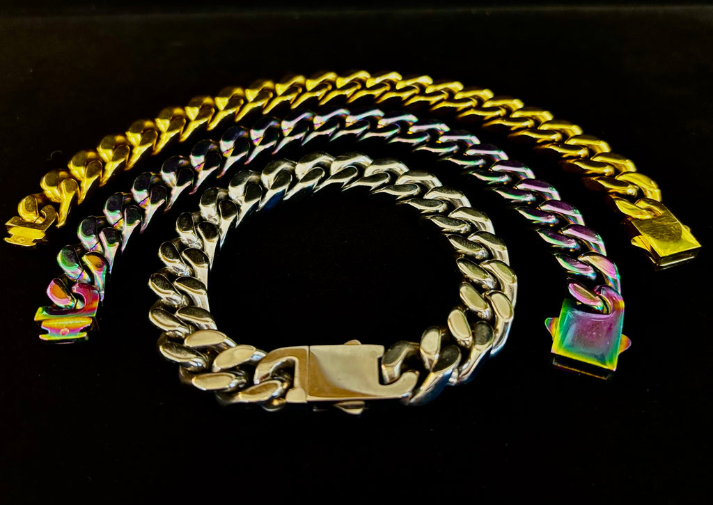 Titanium Steel Chain Bracelet – 22cm Cuban Link, Silver/Gold/Rainbow