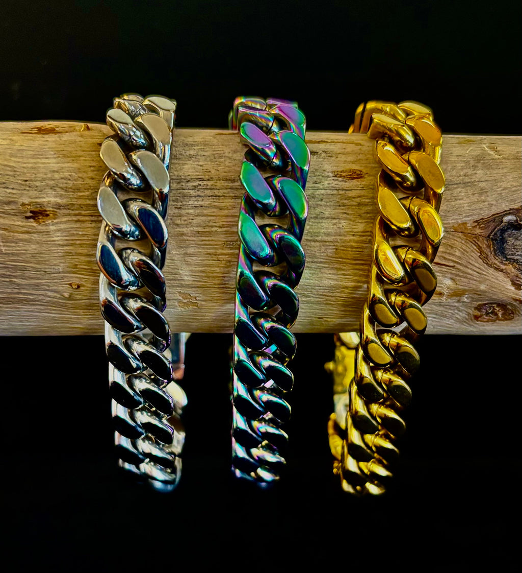 Titanium Steel Chain Bracelet – 22cm Cuban Link, Silver/Gold/Rainbow