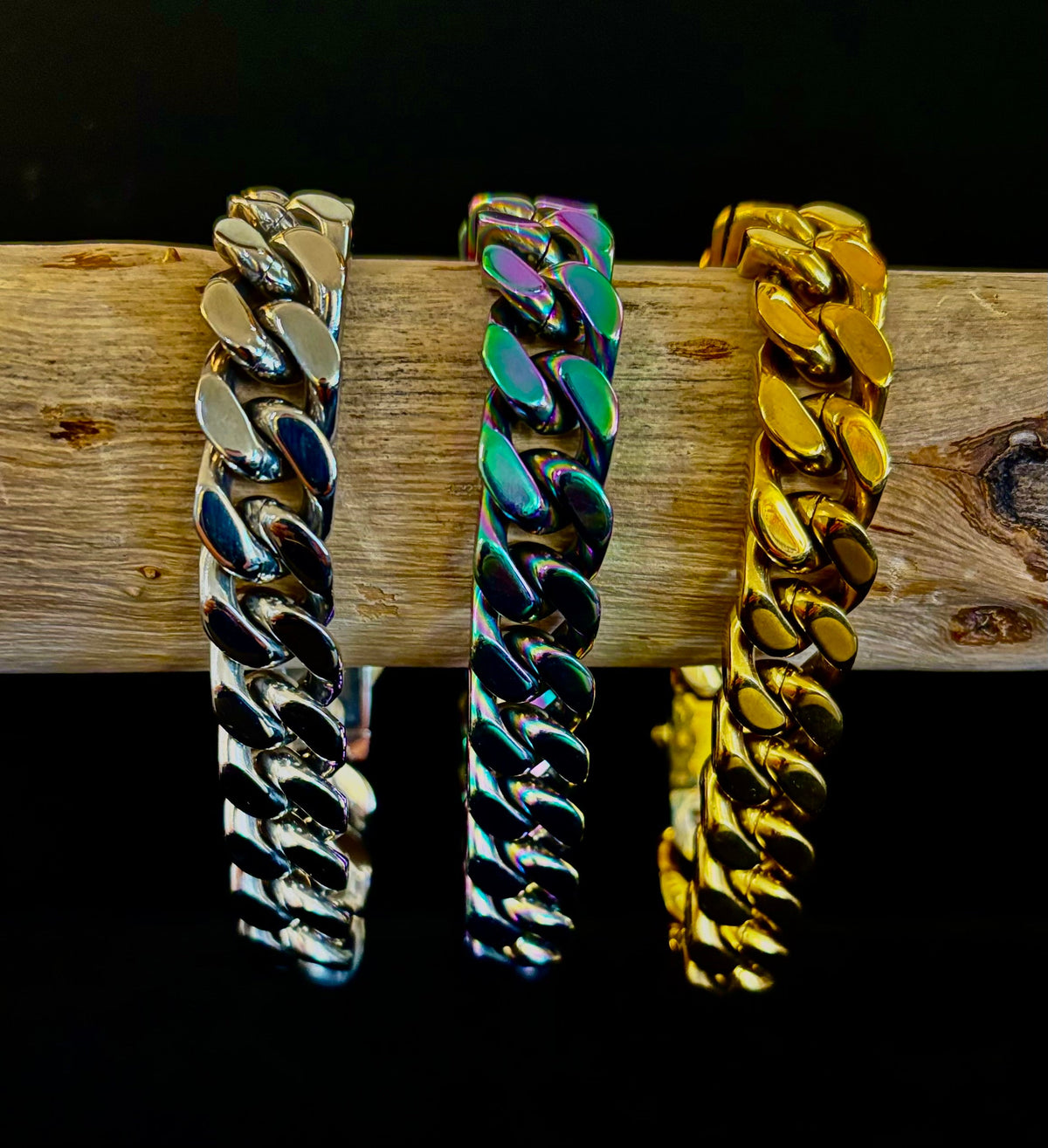 Titanium Steel Chain Bracelet – 22cm Cuban Link, Silver/Gold/Rainbow
