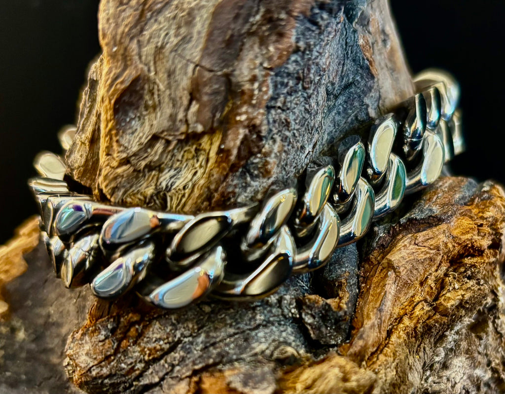 Titanium Steel Chain Bracelet – 22cm Cuban Link, Silver/Gold/Rainbow
