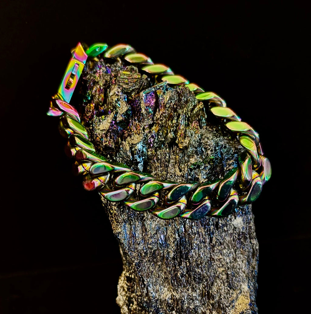 Titanium Steel Chain Bracelet – 22cm Cuban Link, Silver/Gold/Rainbow