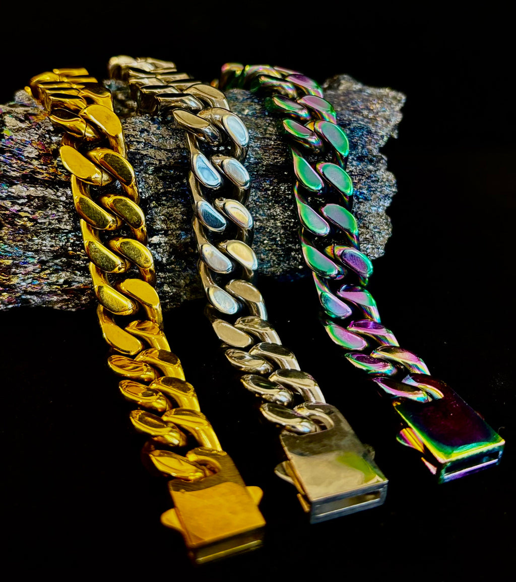 Titanium Steel Chain Bracelet – 22cm Cuban Link, Silver/Gold/Rainbow