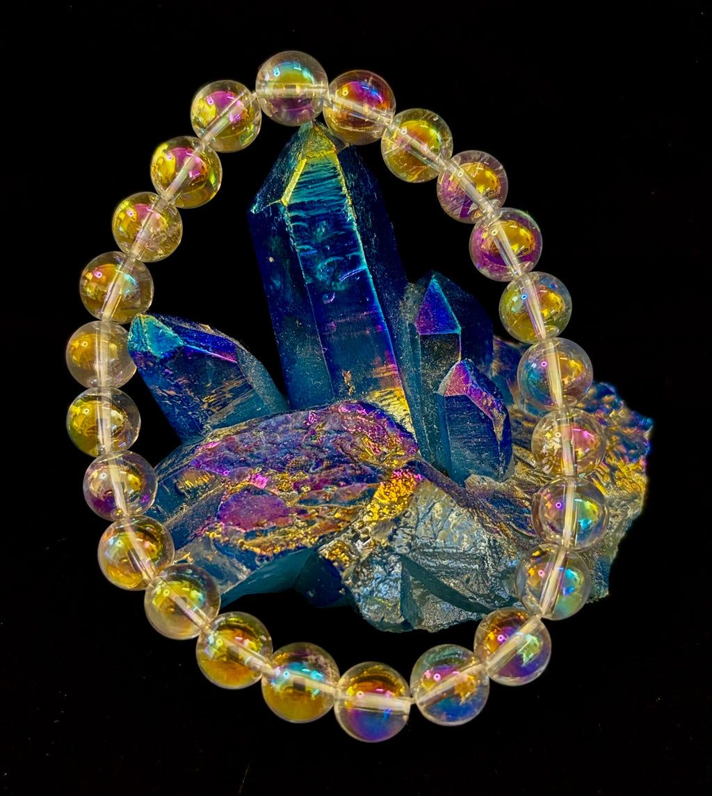 Angel Aura Clear Quartz 8mm Reiki-Infused Healing Crystal Bracelet (7.5” Medium Wrists)