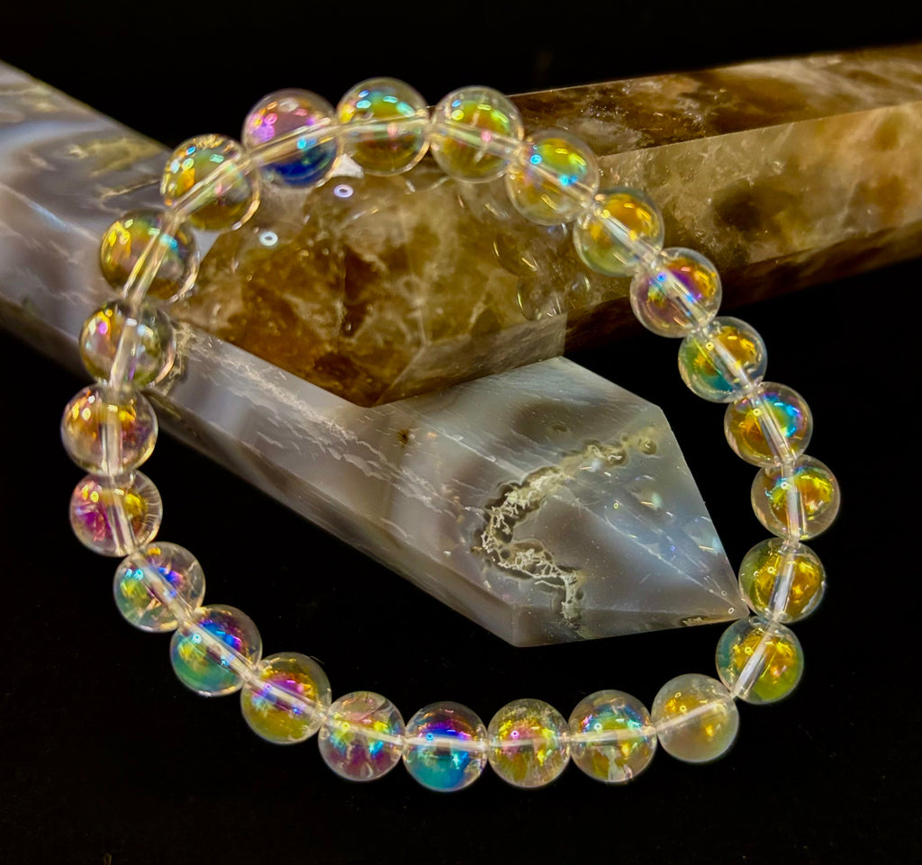 Angel Aura Clear Quartz 8mm Reiki-Infused Healing Crystal Bracelet (7.5” Medium Wrists)