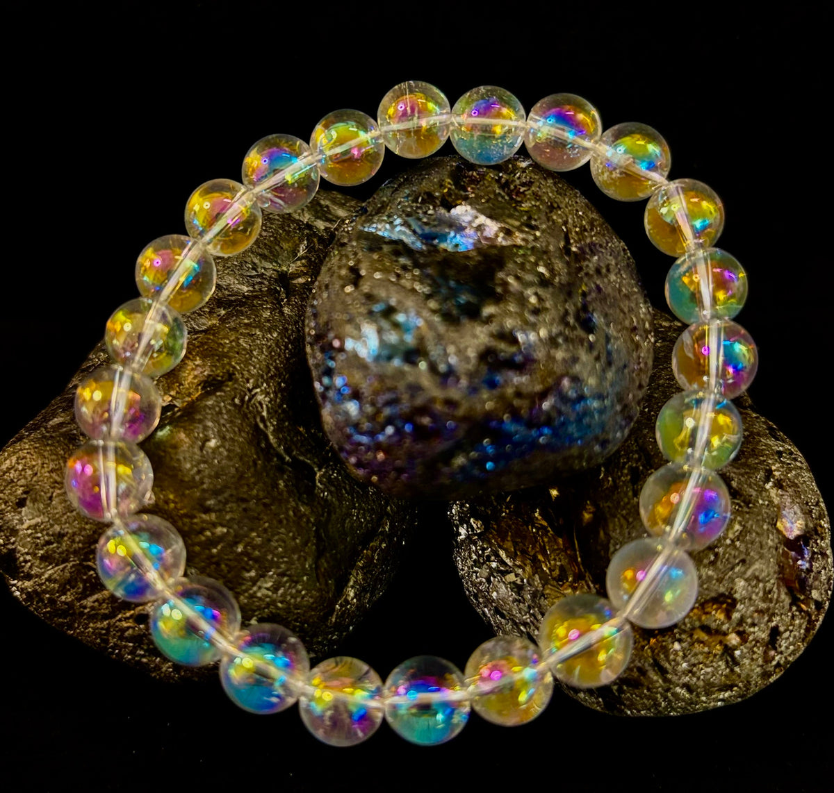 Angel Aura Clear Quartz 8mm Reiki-Infused Healing Crystal Bracelet (7.5” Medium Wrists)