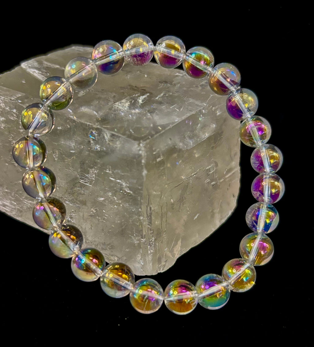 Angel Aura Clear Quartz 8mm Reiki-Infused Healing Crystal Bracelet (7.5” Medium Wrists)