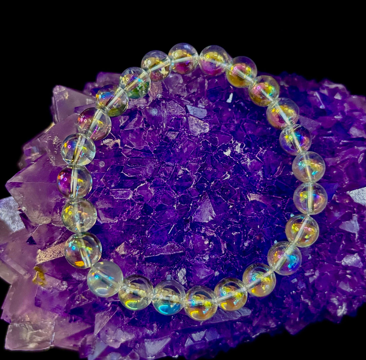 Angel Aura Clear Quartz 8mm Reiki-Infused Healing Crystal Bracelet (7.5” Medium Wrists)