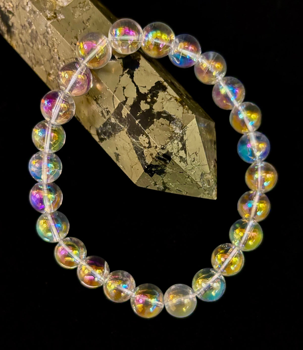 Angel Aura Clear Quartz 8mm Reiki-Infused Healing Crystal Bracelet (7.5” Medium Wrists)