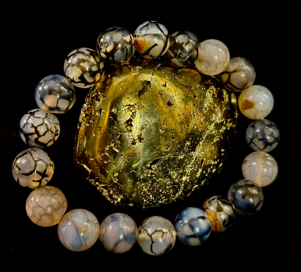 Reiki-Infused Black & White Dragon Vein Agate Bracelet for Protection, Yin-Yang Balance & Courage (8mm & 10mm)