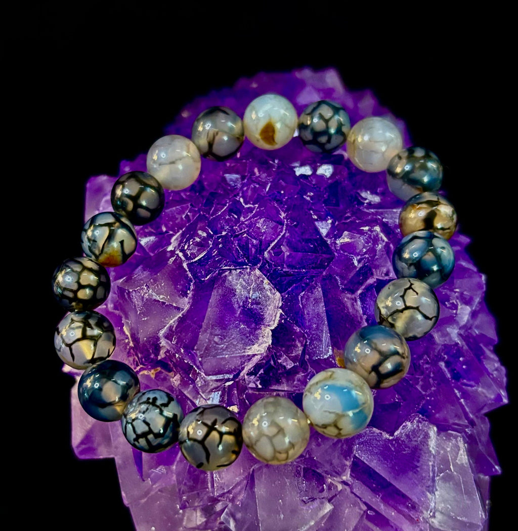 Reiki-Infused Black & White Dragon Vein Agate Bracelet for Protection, Yin-Yang Balance & Courage (8mm & 10mm)