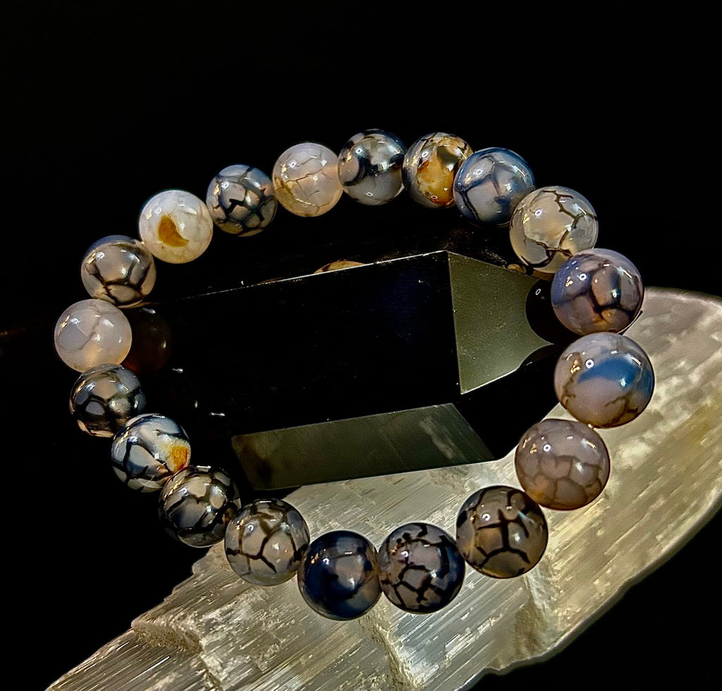 Reiki-Infused Black & White Dragon Vein Agate Bracelet for Protection, Yin-Yang Balance & Courage (8mm & 10mm)