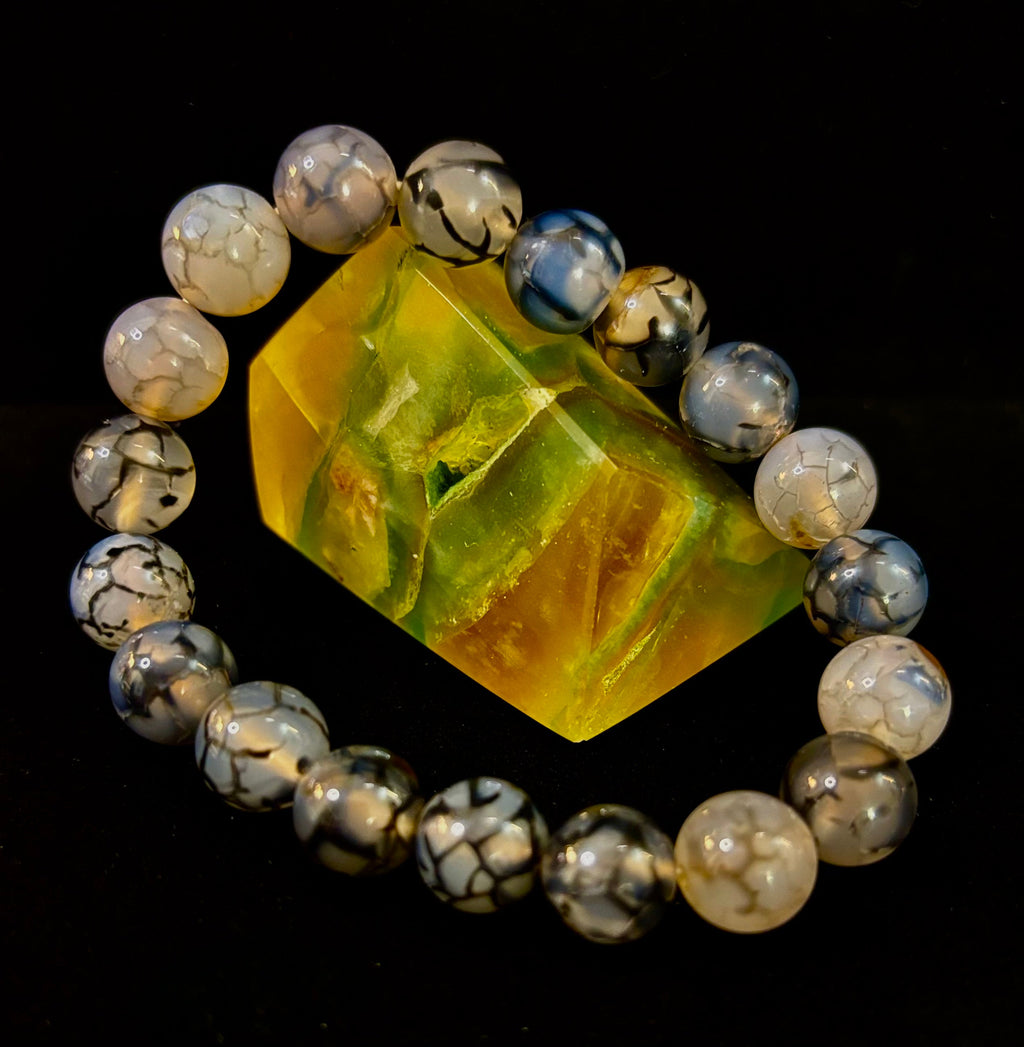 Reiki-Infused Black & White Dragon Vein Agate Bracelet for Protection, Yin-Yang Balance & Courage (8mm & 10mm)