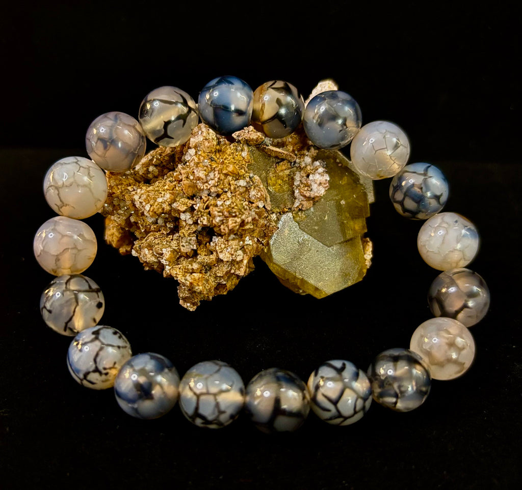 Reiki-Infused Black & White Dragon Vein Agate Bracelet for Protection, Yin-Yang Balance & Courage (8mm & 10mm)