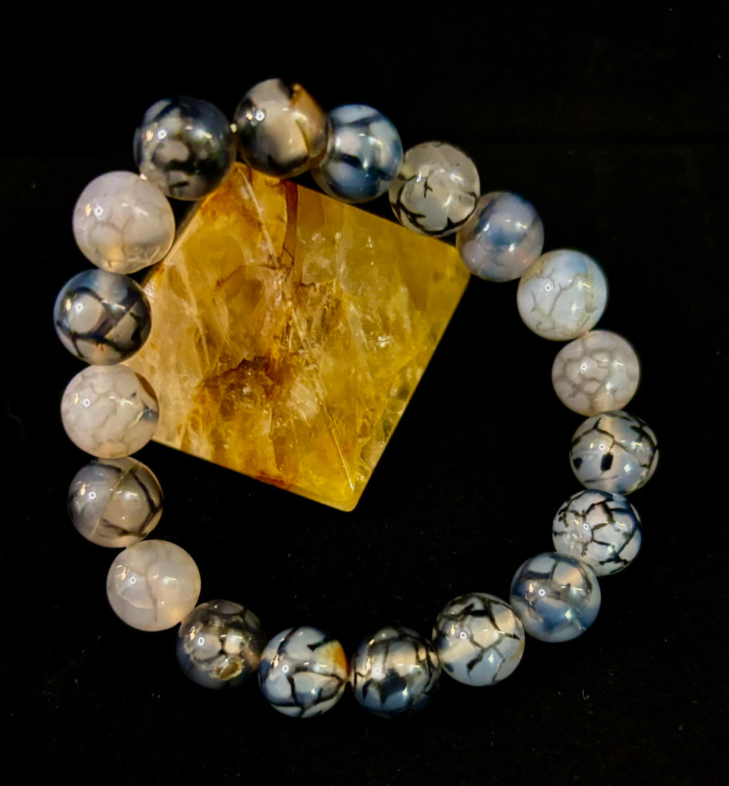 Reiki-Infused Black & White Dragon Vein Agate Bracelet for Protection, Yin-Yang Balance & Courage (8mm & 10mm)