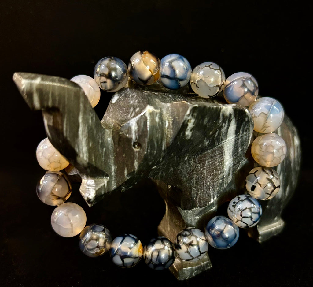 Reiki-Infused Black & White Dragon Vein Agate Bracelet for Protection, Yin-Yang Balance & Courage (8mm & 10mm)