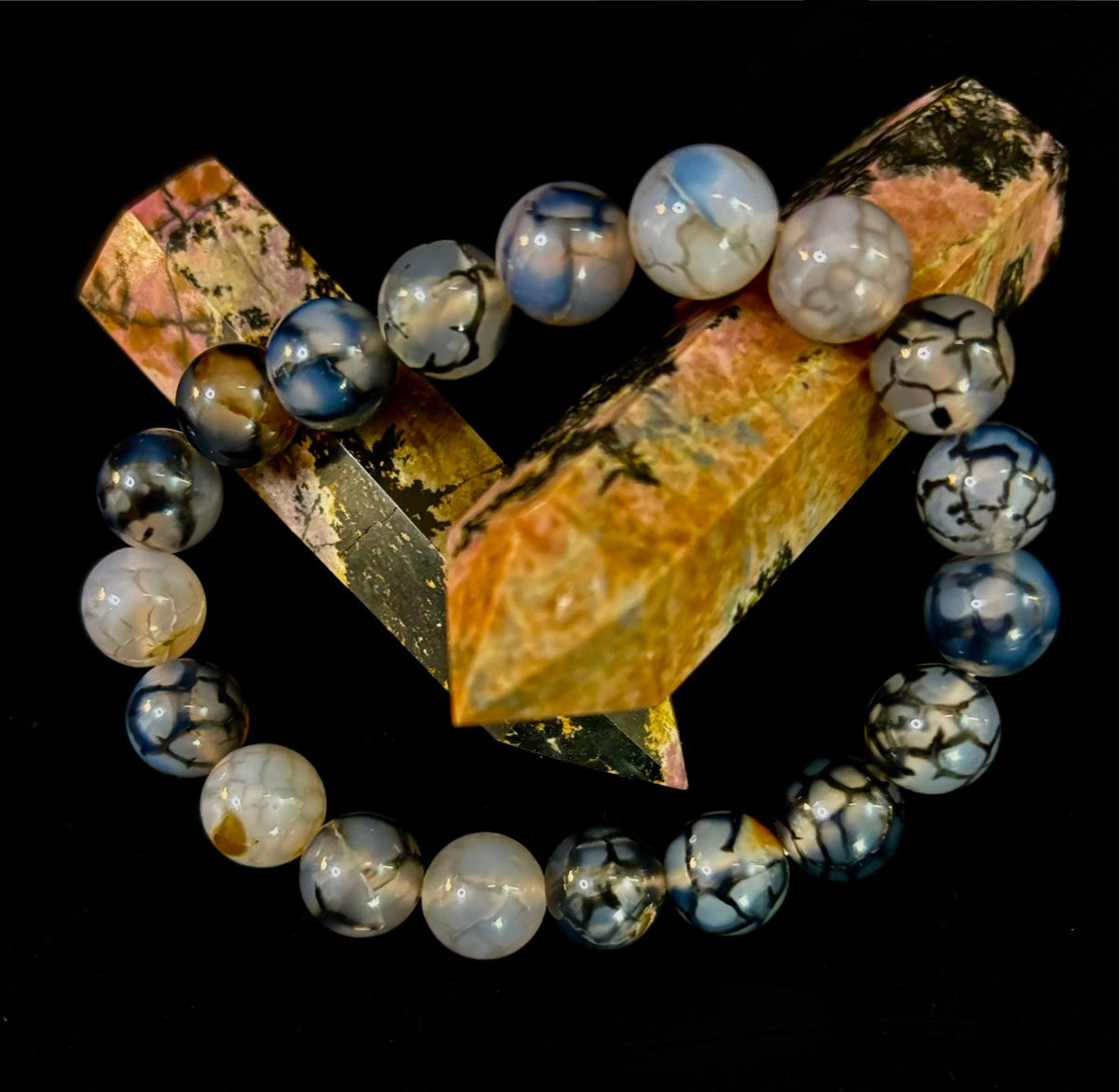 Reiki-Infused Black & White Dragon Vein Agate Bracelet for Protection, Yin-Yang Balance & Courage (8mm & 10mm)