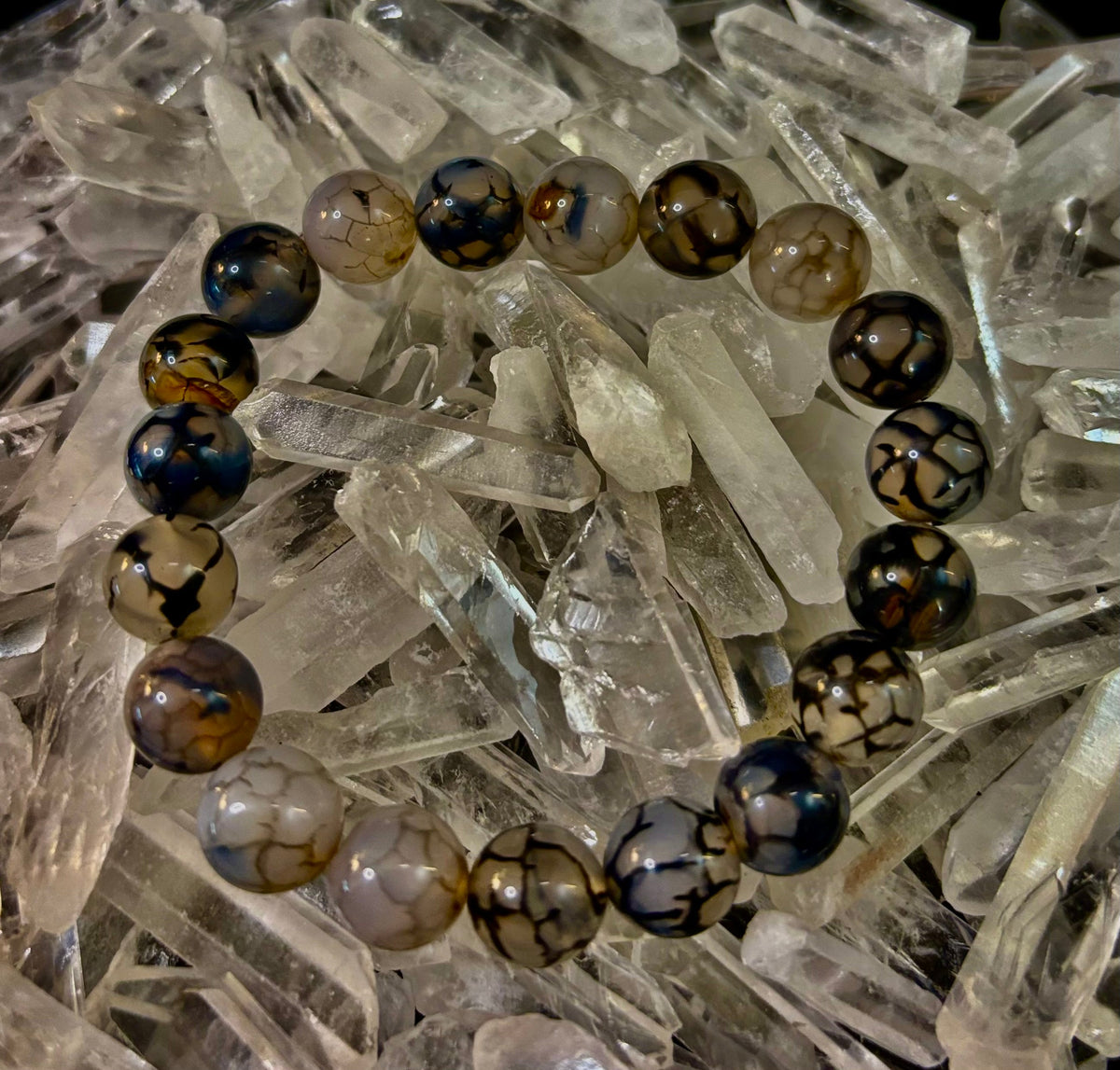 Reiki-Infused Black & White Dragon Vein Agate Bracelet for Protection, Yin-Yang Balance & Courage (8mm & 10mm)