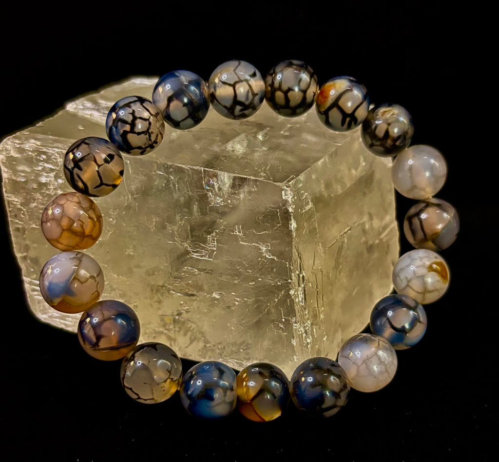Reiki-Infused Black & White Dragon Vein Agate Bracelet for Protection, Yin-Yang Balance & Courage (8mm & 10mm)