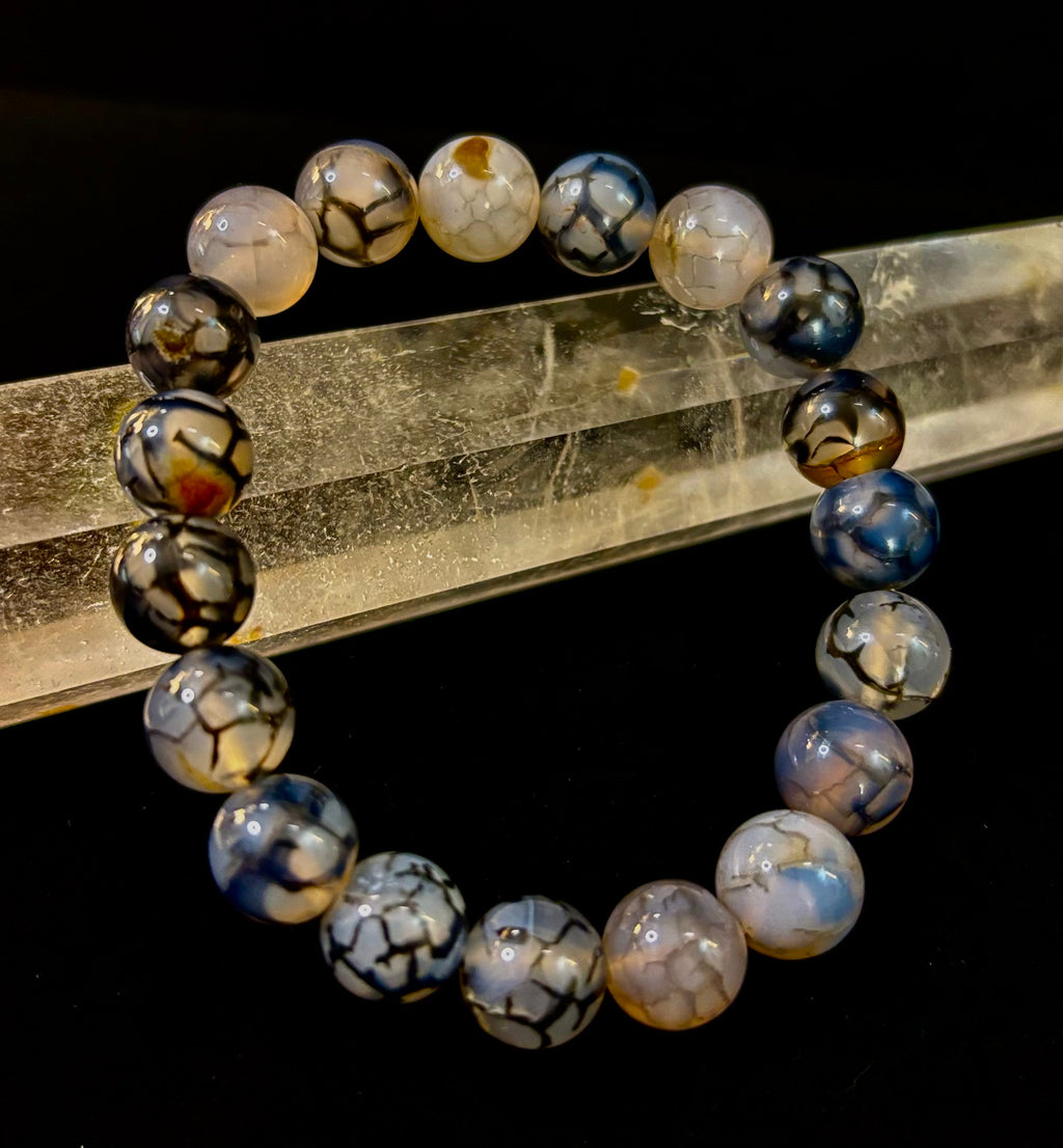 Reiki-Infused Black & White Dragon Vein Agate Bracelet for Protection, Yin-Yang Balance & Courage (8mm & 10mm)