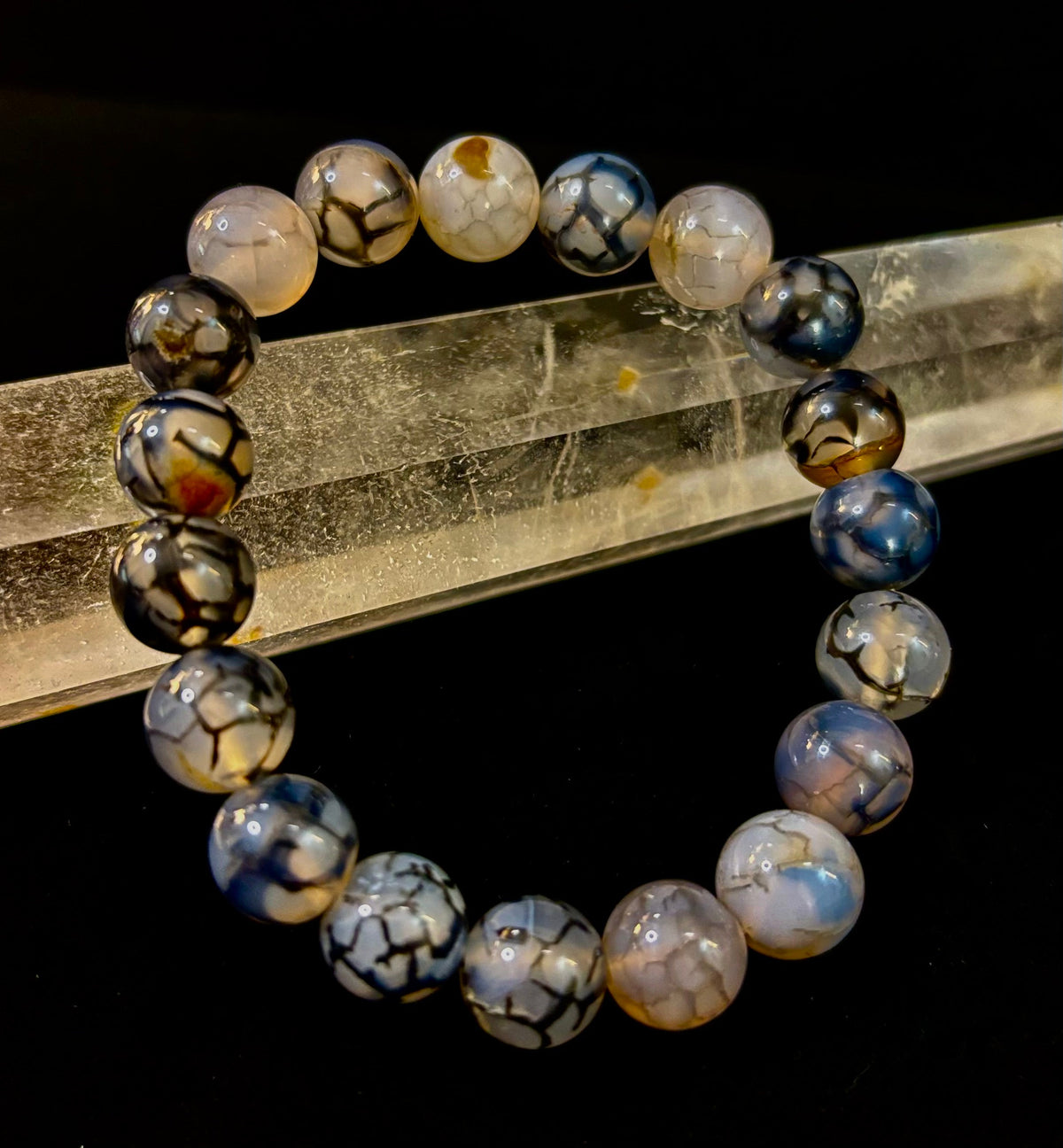 Reiki-Infused Black & White Dragon Vein Agate Bracelet for Protection, Yin-Yang Balance & Courage (8mm & 10mm)