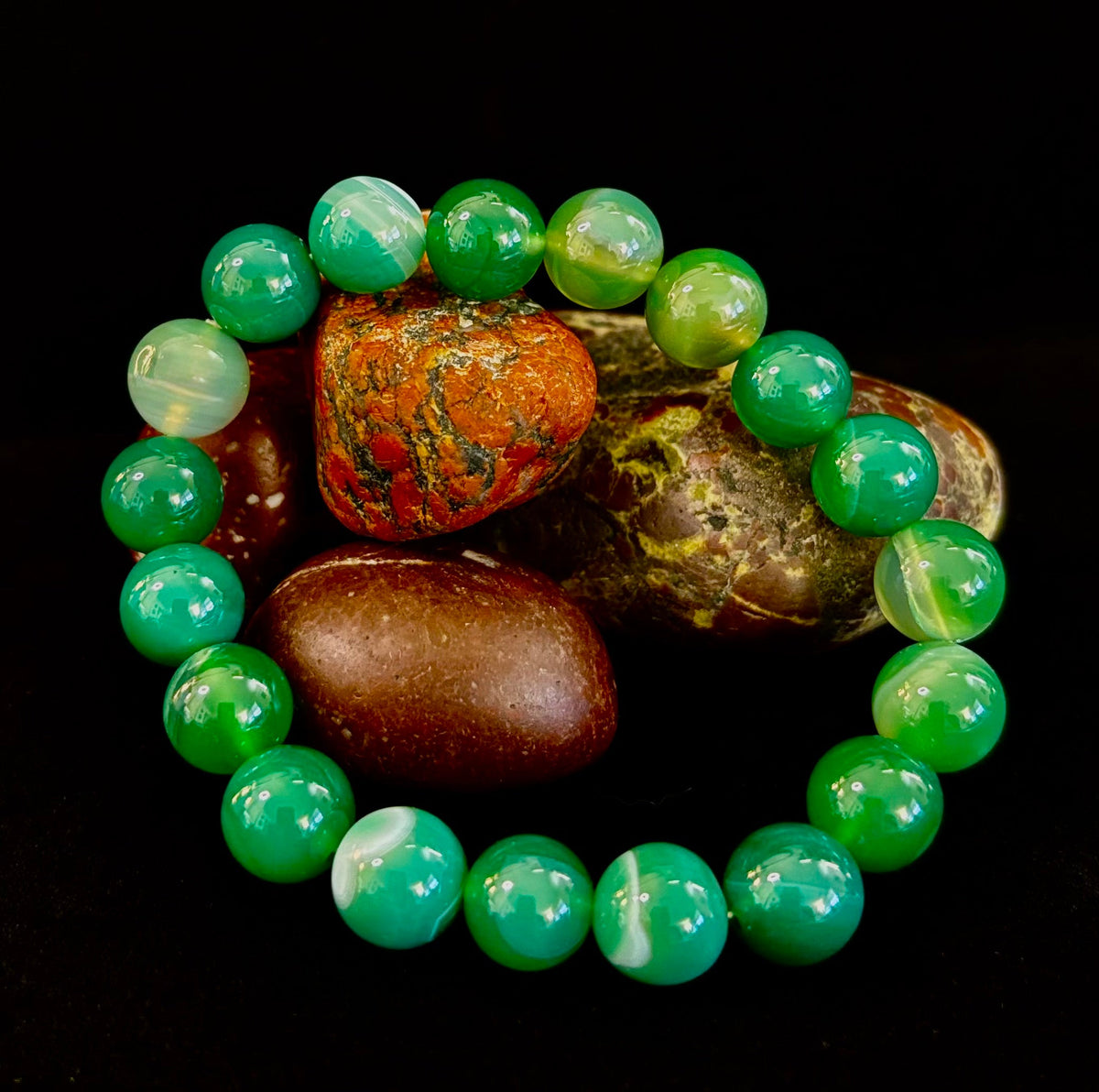 Green Striped Agate Reiki-Infused Healing Bracelet (8mm or 10mm) Medium Wrists