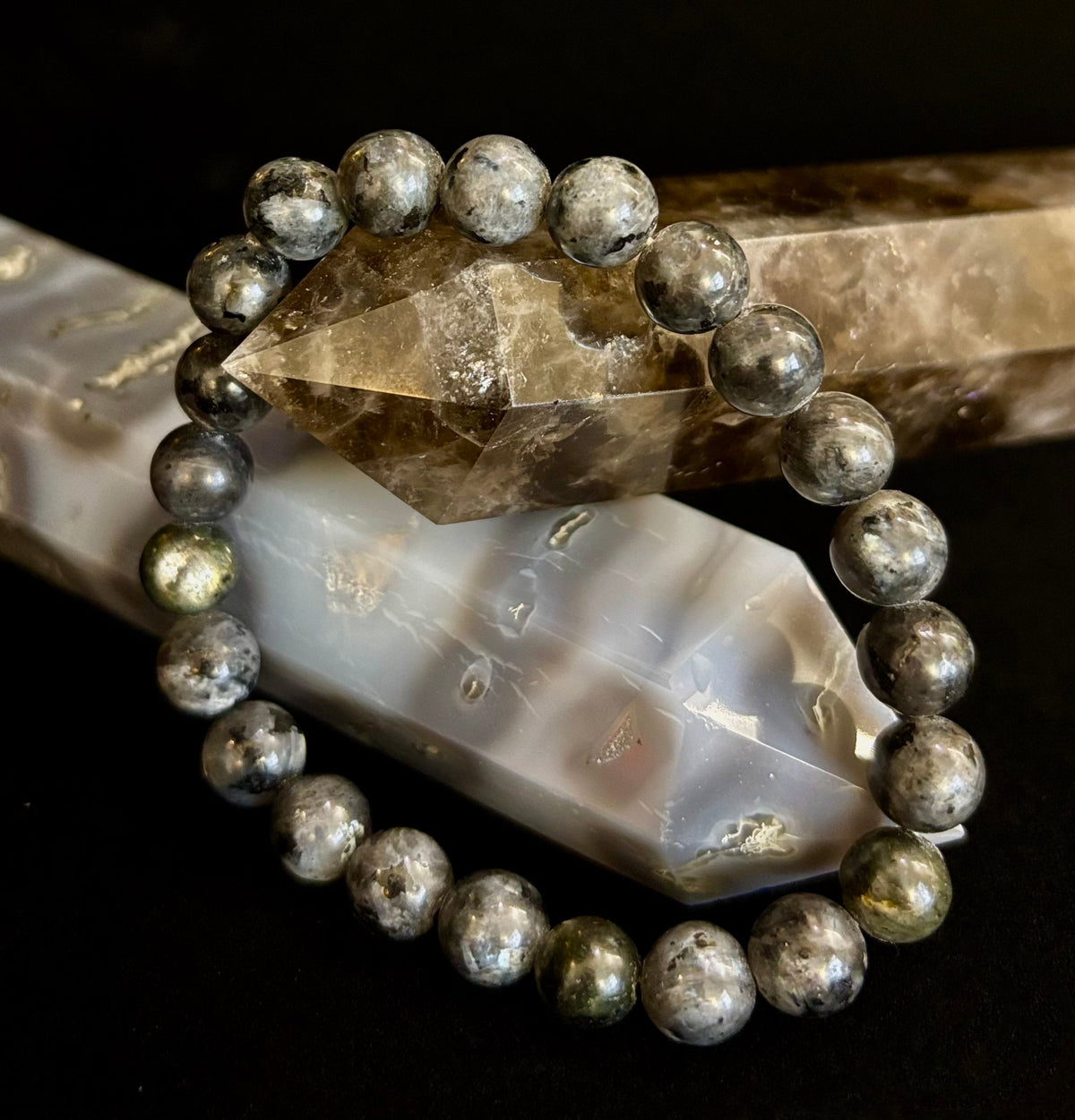 Reiki-infused Larvikite 8mm Protection & Manifestation Bracelet (Medium-Large Wrists)